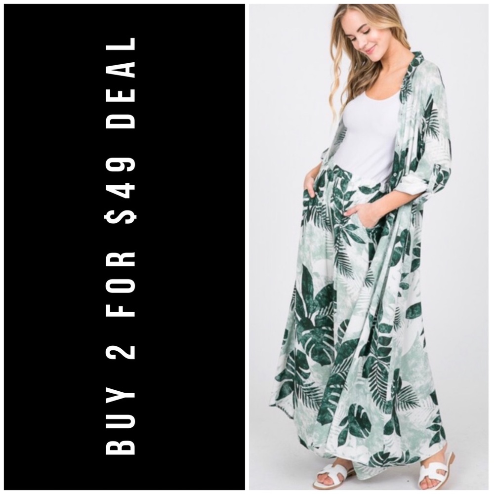 ☀️IVORY GREEN TROPICAL PALM LEAVES KIMONO